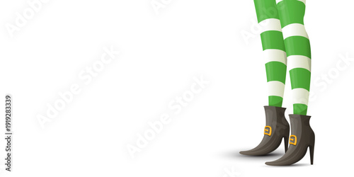 Leprechaun girl legs in green striped stockings and buckled boots, St. Patricks Day horizontal banner with copy space on white background. leprechaun elf s legs wearing green and white striped tights