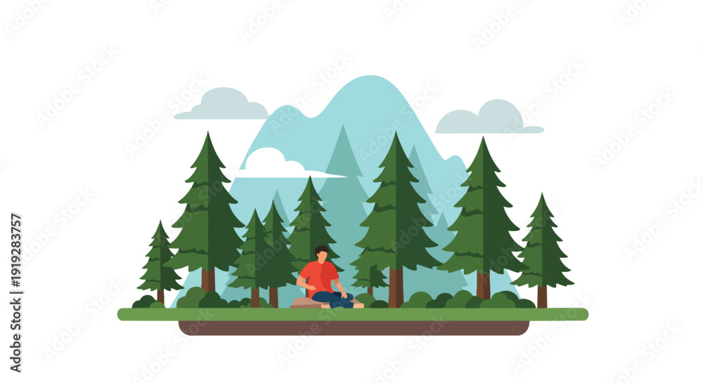 Obraz premium Minimalist illustration of a person relaxing in a forest with mountains and clouds. This peaceful scene promotes outdoor tranquility and natural