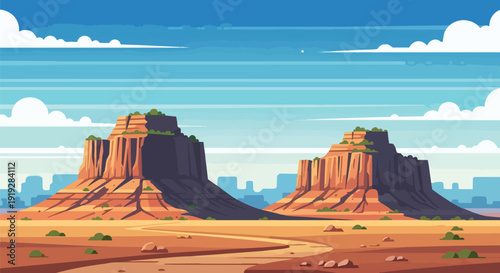 A vibrant pixel art depiction of a sprawling desert panorama showcasing monumental sandstone mesas under a brilliant azure sky, traversed by an