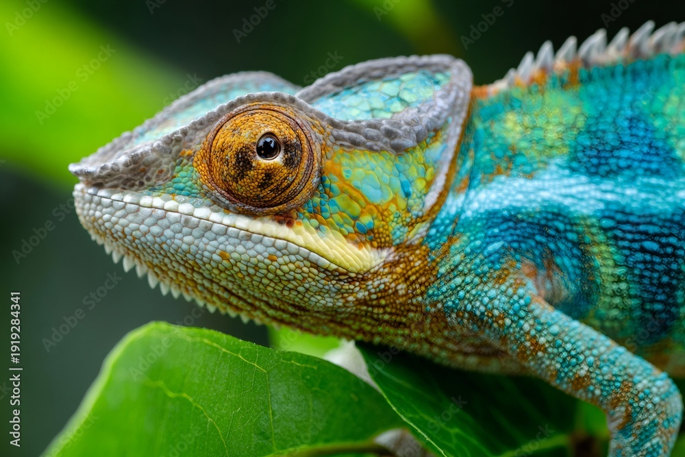 Fototapeta premium Colorful panther chameleon camouflaging on green leaf