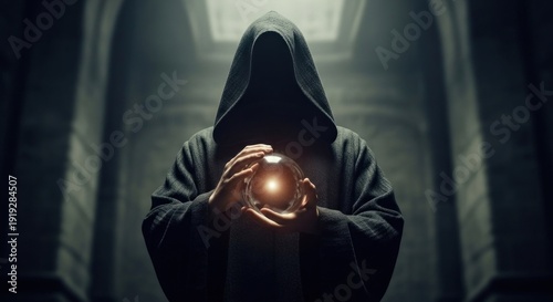 Figure in hooded robe holding glowing orb in darkened hall, radiating mystery and anticipation