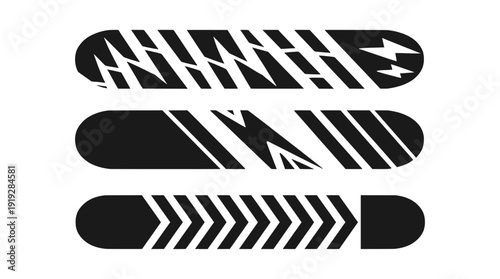 Modern racing stripe decals and speed line shapes isolated on white background, automotive sport graphic vector set