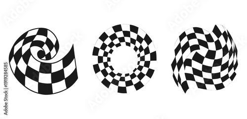 Checkered racing spiral and circular motion elements isolated on white background, speed vortex vector design set