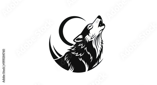 Wolf silhouette howling at crescent moon