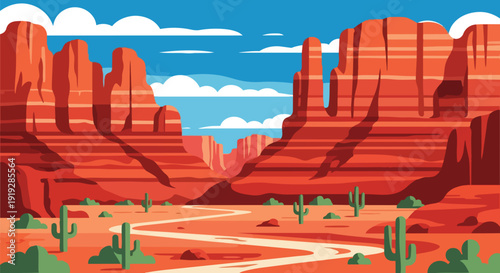 Vast arid desert panorama showcasing majestic red rock formations and a winding trail through sparse cactus flora beneath a brilliant blue sky with