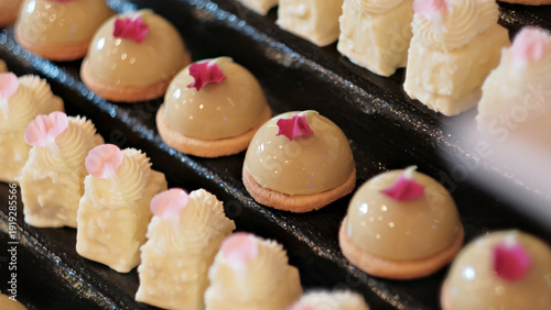 Slika na platnu Gourmet dessert display featuring glazed mousse domes and white chocolate pralin