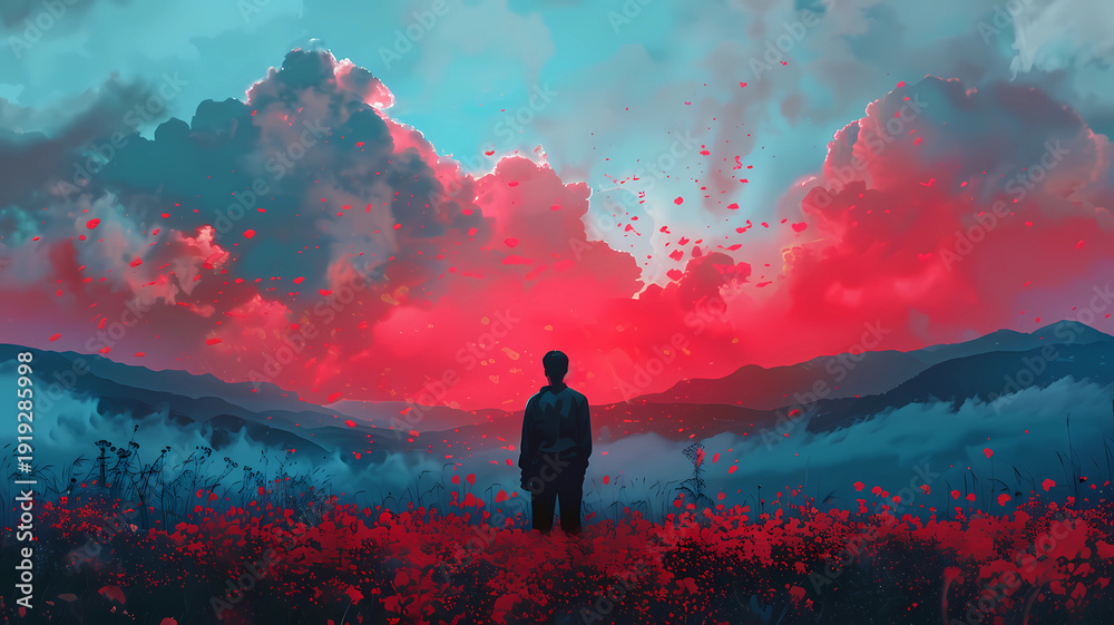 Obraz premium Solitary figure in a surreal red flower field beneath dramatic sky