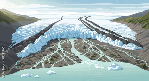A detailed illustration showcasing the profound geological transformation of a mountainous region, as a vast glacier recedes and sculpts the terrain