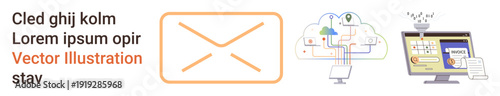 Digital marketing, online collaboration, cloud technology, web interface design, data sharing, workflow management. Envelope icon with cloud and dashboard illustrations. Digital marketing and online