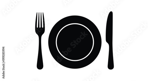 Simple flatware arrangement with a plate fork and knife silhouette