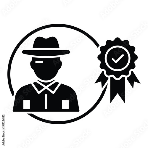 Black silhouette of a man wearing a hat with a rosette icon icon