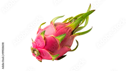 Fotografija Fresh dragon fruit with green leaves on transparent background.
