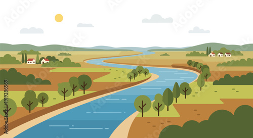 Scenic rural landscape with winding river and farmhouses under a sunny sky in flat design vector art, depicting nature's tranquil beauty and serene
