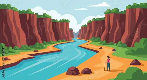 Canyon river landscape with towering red cliffs, green flora, and a lone walker