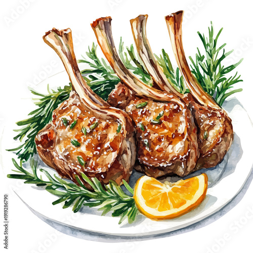 Lamb Chops, cute watercolor illustration with intricate patterns and vibrant splashes, isolated on a white background.