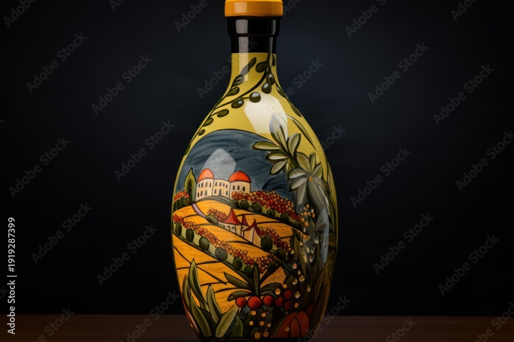 Fototapeta premium Ceramic bottle showcasing a vibrant hand painted scene of a tuscan landscape and olive branches