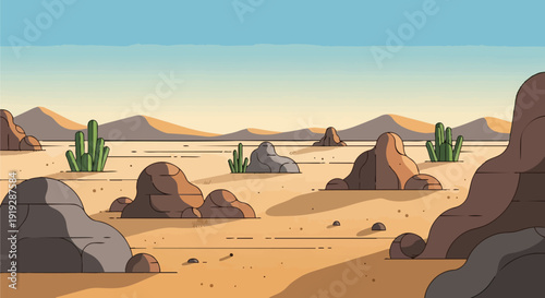 Minimalist desert landscape illustration with scattered rocks and vibrant green cacti under a vast clear sky extending to distant sandy dunes
