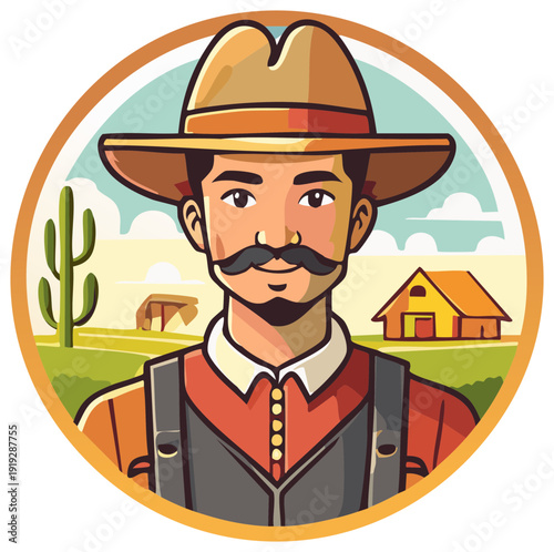 Cartoon portrait of a farmer wearing a hat and overalls in a circular badge