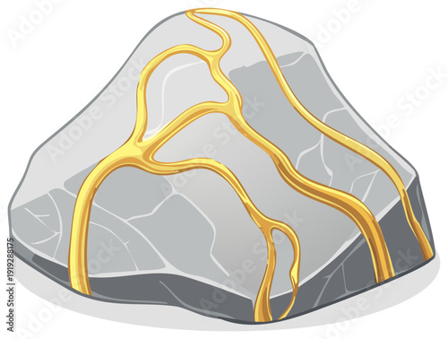 Illustration of a Gray Rock with Gold Veins and Mineral Deposits Cartoon Image