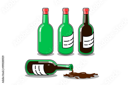 illustration of soy sauce bottles in green glass, filled and spilled. Suitable for advertising, posters, flyers, and print design. flat design