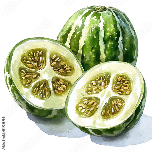 Horned Melon, elegant watercolor illustration luminous highlights, isolated on a white background.
