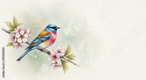 Watercolor illustration of a colorful bird perched on a blossoming branch against a soft background