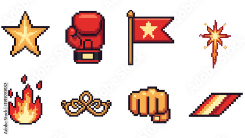 Pixel art icons for games: star, boxing glove, flag, fire, fist, and more