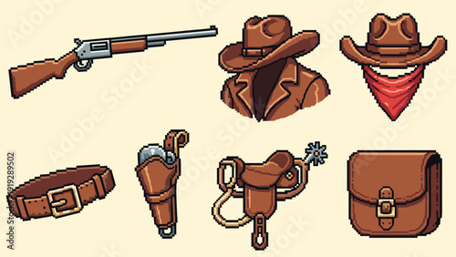 Pixel art collection of cowboy western gear and accessories in brown tones