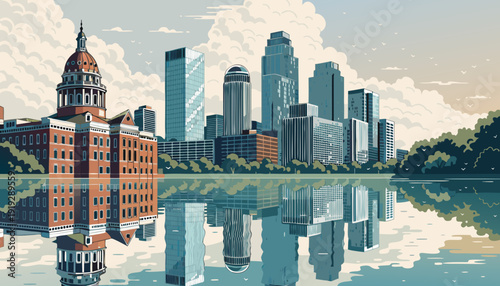 Austin skyline shows cityscape and buildings reflecting in water, capturing the beauty of texas skyline. Suitable for marketing materials and travel websites.