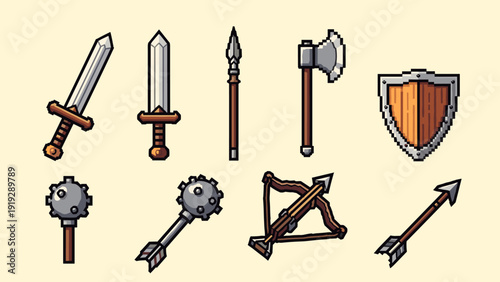 Collection of pixel art medieval weapons and shield for video games
