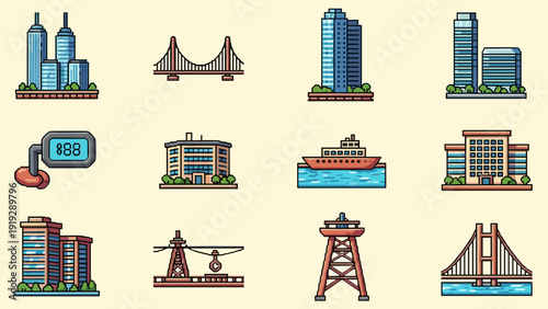 Collection of flat design city icons featuring buildings, bridges, and a ship