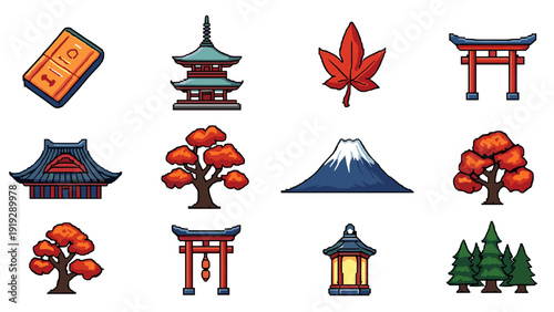 Collection of pixel art icons representing Japanese culture and landmarks