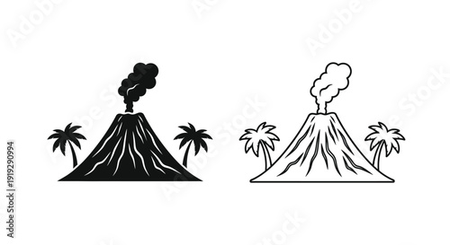 Two volcano icons one dark one light with palm trees silhouette