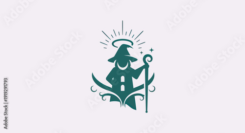 Wizard silhouette with staff and halo design