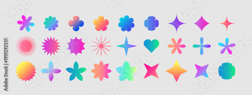 Brutalist y2k shapes set with vibrant gradient abstract elements and geometric icons. Colorful retro forms in bold hues for contemporary graphic projects and trendy design compositions. Vector