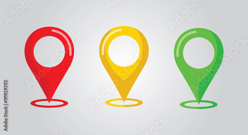 A set of colorful location icons in red, yellow, and green, created from an editable vector file, for use in digital mapping and navigation applications.