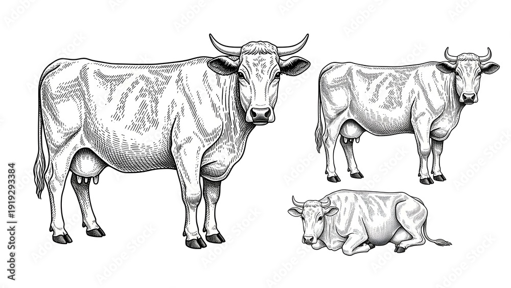 Fototapeta premium Illustration of three cows in different poses, standing and lying down, showcasing various viewpoints and farm animals in a simple style