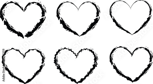 Set of hand drawn grunge heart shapes with black ink brush stroke texture for romantic wedding and Valentine's Day designs.