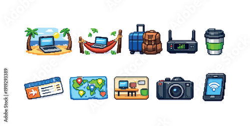 Travel and tourism 3d icon set. Vacation, technology, and adventure icons collection