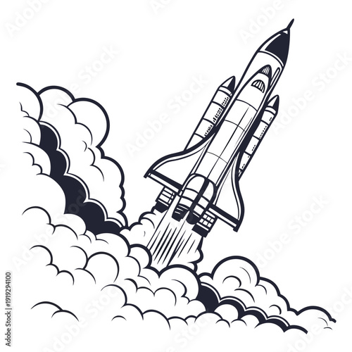 Black and white of a space shuttle launching into the sky with clouds and smoke