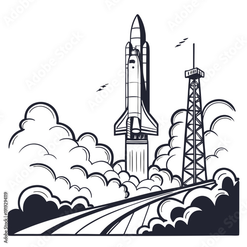 Black and white of a rocket launching from a launchpad