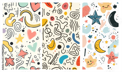 Cheerful abstract pattern triptych with cute stars, hearts, and moons, flat vector art.