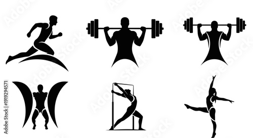 Powerful Weightlifting Silhouette Illustration Showing Athlete Performing Barbell Squat with Strong Shadow Contrast in Minimal Black and White Style for Gym Branding, Fitness Motivation Posters and Sp