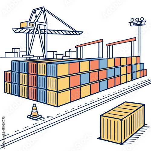 Colorful shipping containers stacked in yard with crane