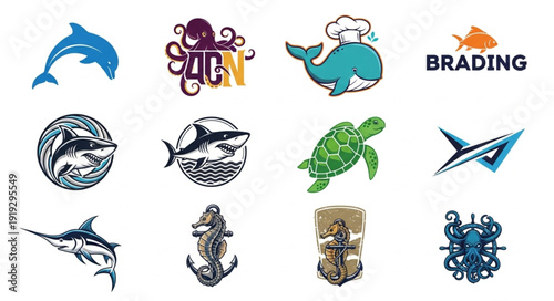 Collection of marine animal logos and icons.