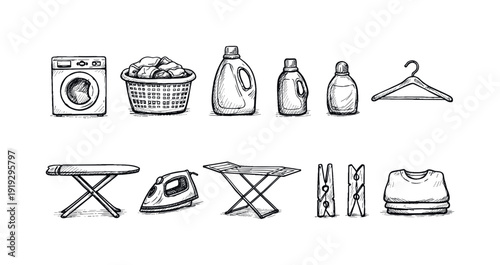Laundry equipment outline icon set. Washing, detergent, ironing essentials in outline style