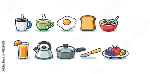 Breakfast, brunch cartoon icon set. Food, drink, meal icons in flat cartoon style