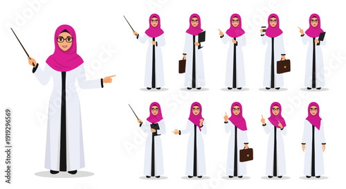 Arab Muslim Woman Character Vector Illustration Set with Diverse Poses and Gestures, Wearing Hijab and Abaya, Suitable for Business and Educational Concepts.