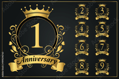 Golden Anniversary Numbers 1–10 – Luxury Shield Badges with Elegant Swirls Collection
