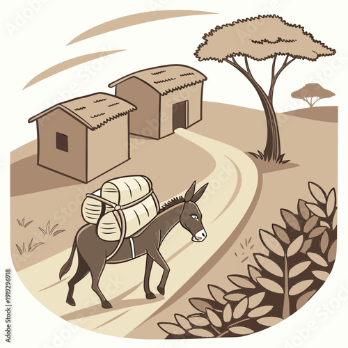 Traditional Donkey Carrying Grain Rural Village Lifestyle Icon